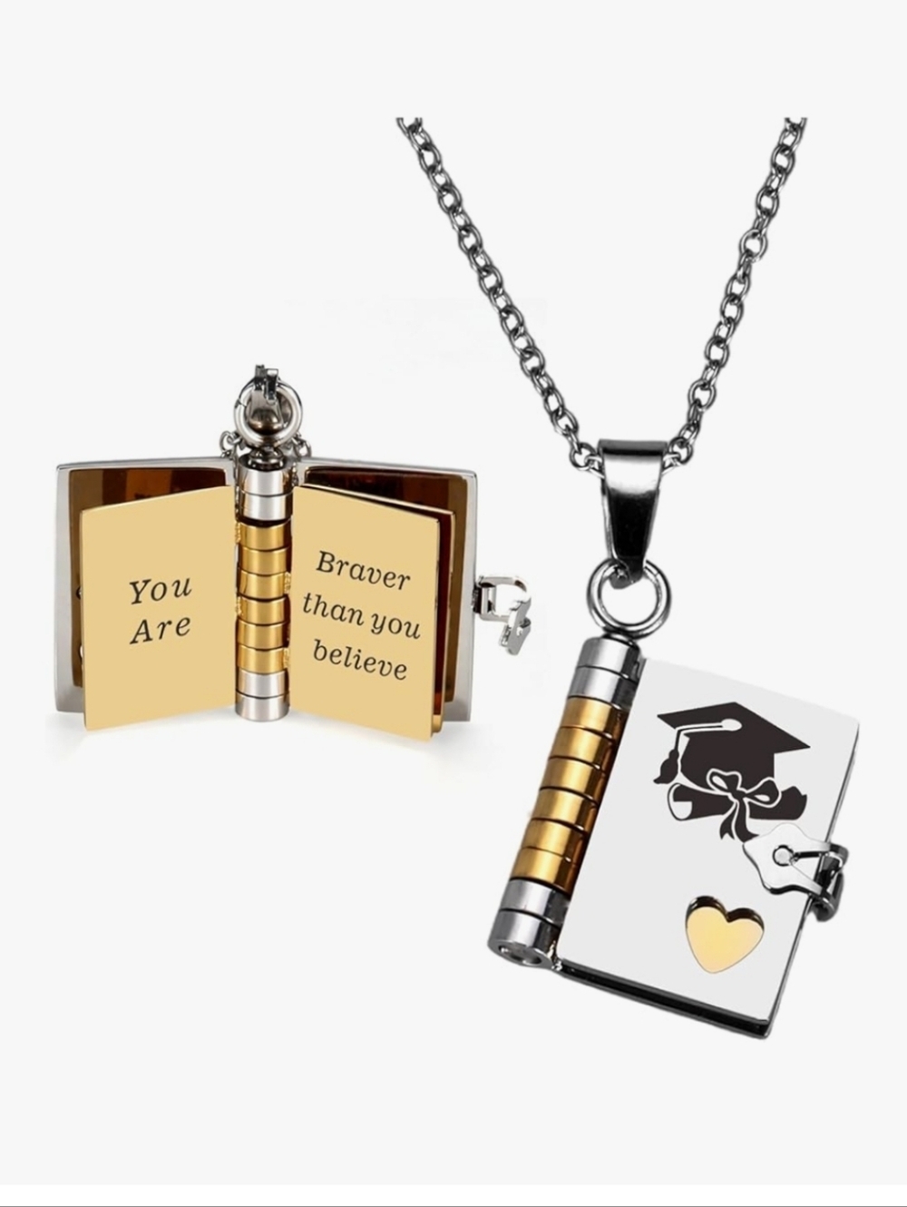 Inspirational 2026. GRAD Book Locket Necklace for Women — Gold & Silver